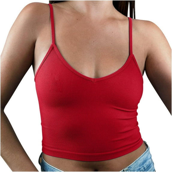 AherBiu Crop Tops for Women Ribbed Going out Tank Tops Slim Deep V Neck Stretchy Spaghetti Strap Cami Shirt
