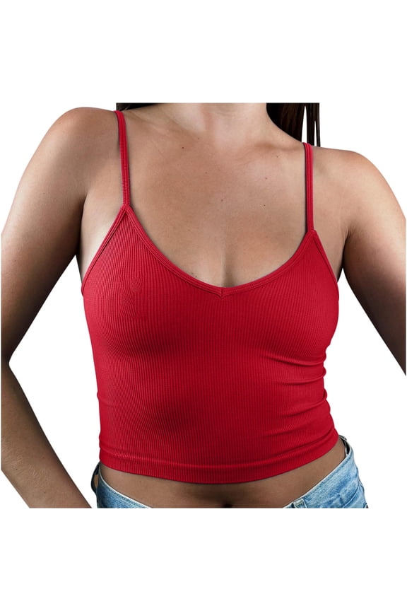Crop Tops for Women Ribbed Going out Tank Tops Slim Deep V Neck Stretchy Spaghetti Strap Cami Shirt