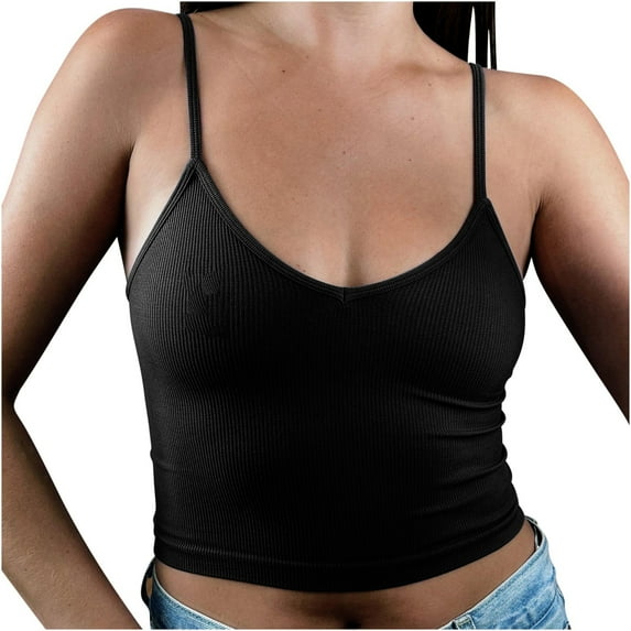 AherBiu Crop Tops for Women Ribbed Going out Tank Tops Slim Deep V Neck Stretchy Spaghetti Strap Cami Shirt