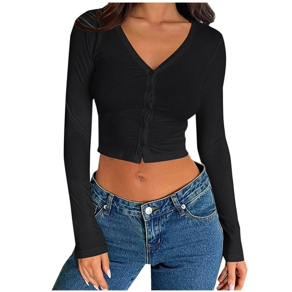 AherBiu Crop Tops for Women Ribble Knitted Cardigan Button down V Neck Slim Fitted Going out Tops