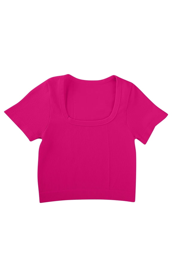 Crop Tops for Women Ribble Knitted U-Neck Short Sleeve Going out Tops Slim Fitted Cute Shirt