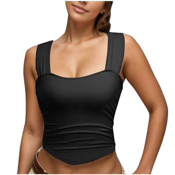 AherBiu Crop Tops for Women Square Neck Wide Strap Low Cut Tank Top Stretch Comfy Basic Layer Top Tees Shirts Camisole
