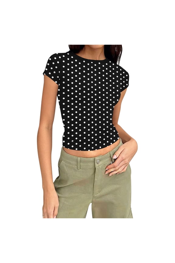 Crop Tops for Women Stretch Slim Fitted Going out Tops Dotted Print Crewneck Comfy Cute Beach T-Shirt