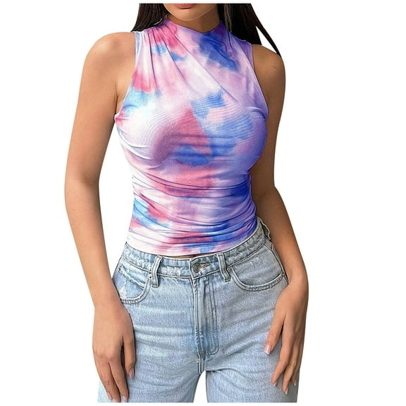 AherBiu Crop Tops for Women Tie-Dye Summer Tank Tops Sleeveless High Neck Cute Shirts Going out Tops