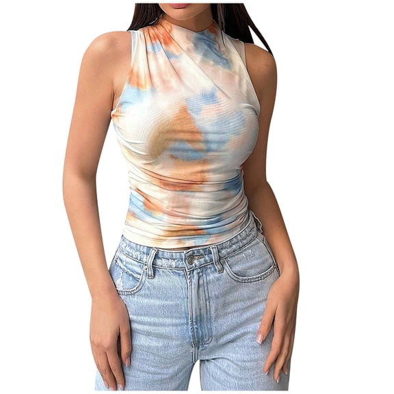 AherBiu Crop Tops for Women Tie-Dye Summer Tank Tops Sleeveless High Neck Cute Shirts Going out Tops