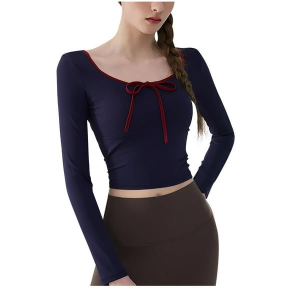 AherBiu Crop Tops for Women Yoga Top with Built in Bra Long Sleeve Drawstring Scoop Neck Slim Fitted Activewear