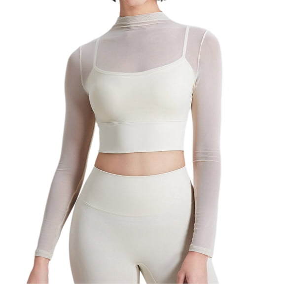 AherBiu Crop Tops for Women Yoga Top with Built in Bra Mesh Stitching Long Sleeve High Neck Stretch Slim Fitted Activewear Shirts