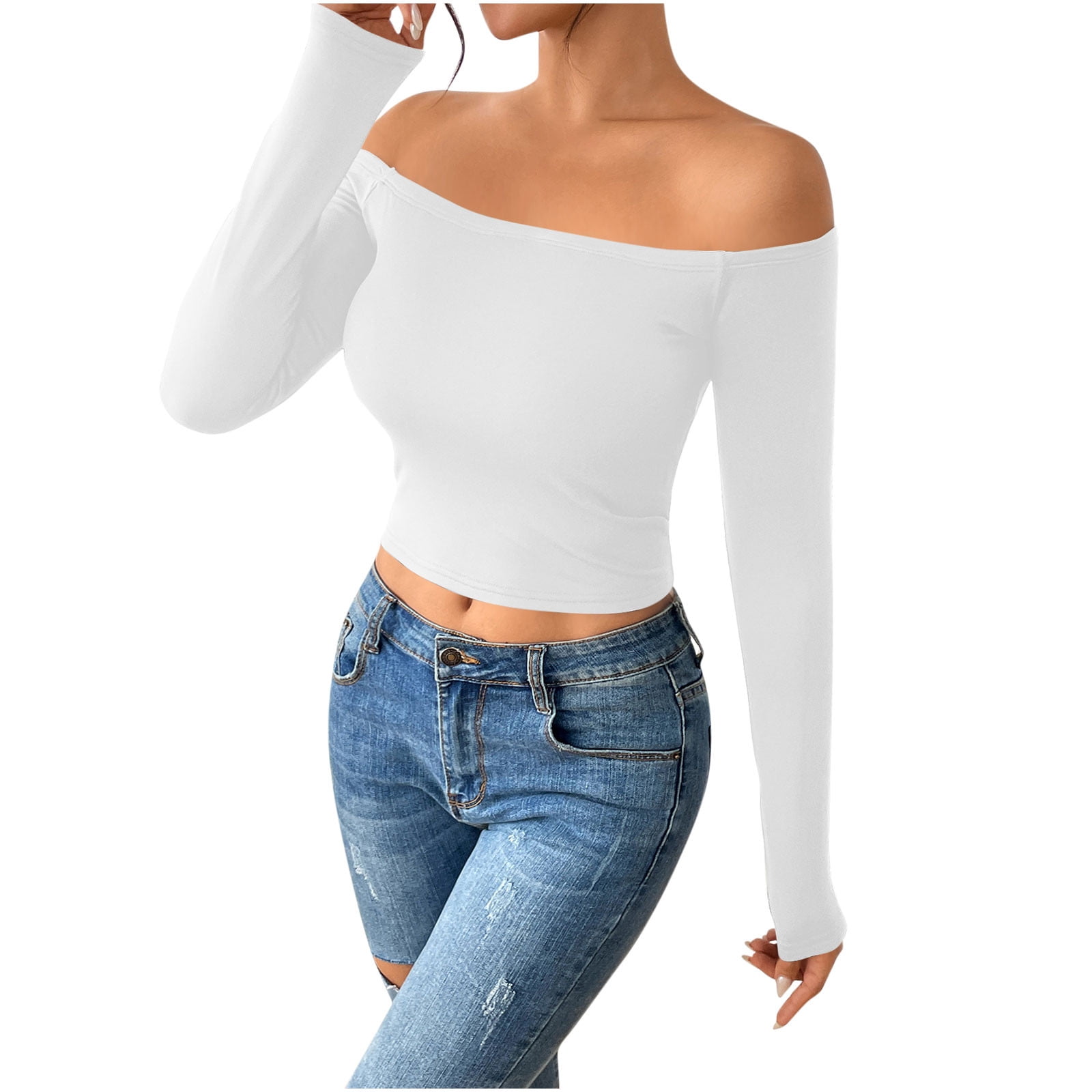 AherBiu Crop Tops for Women off Shoulder Long Sleeve Stretch Slim