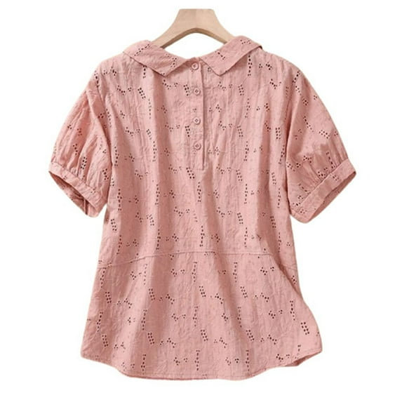 AherBiu Cute Tops for Women Short Sleeve Eyelet Lapel Half Button Boho Beach Wear Cute Shirts Blouse