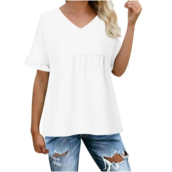 AherBiu Cute Tops for Women V Neck Short Sleeve Summer Casual Loose Beach Wear Boho Shirts Blouse Solid Color