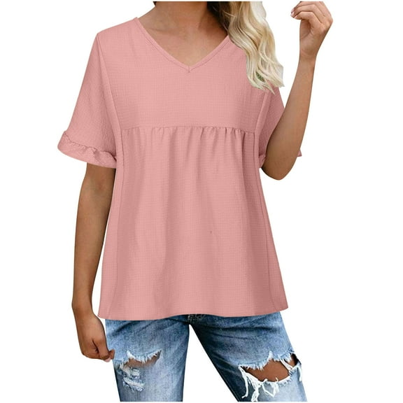 AherBiu Cute Tops for Women V Neck Short Sleeve Summer Casual Loose Beach Wear Boho Shirts Blouse Solid Color