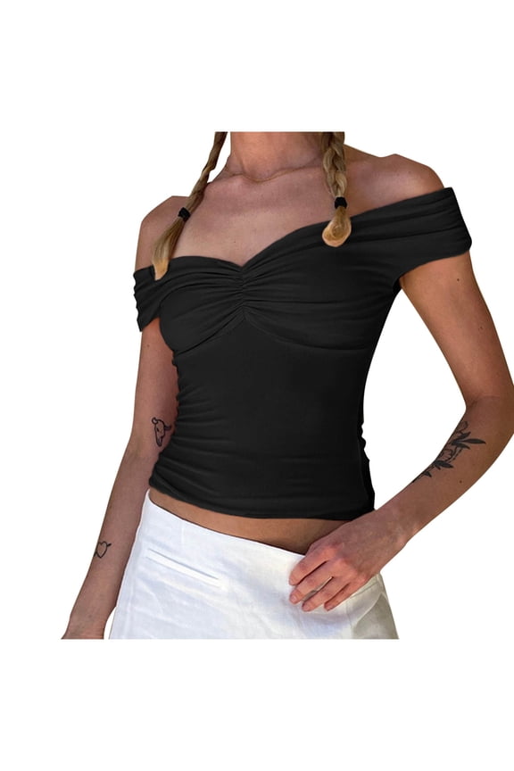 Cute Tops for Women off Shoulder Low Cut Cropped Slim Fitted Stretch Going out Tops Shirts