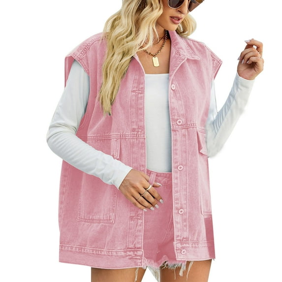 AherBiu Denim Vest for Women Sleeveless Jean Jackets Button down Lapel Vintage Outwear with Pockets Streetwear