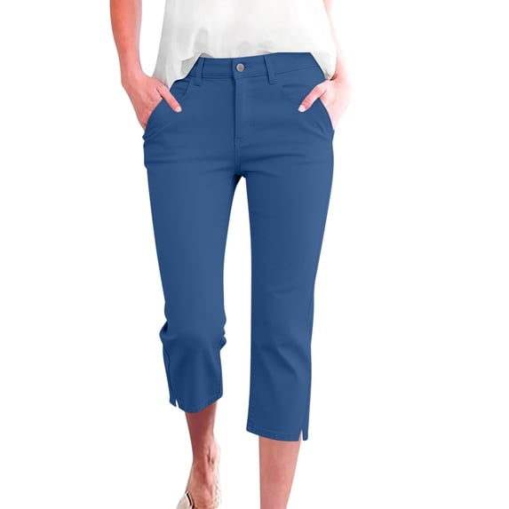 AherBiu Dress Capri Pants for Women Slim Fitted Stretch Button Low Rise Business Casual Yoga Capris with Pockets