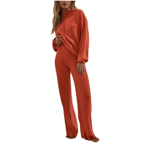 AherBiu Fall 2 Piece Sets for Women Long Sleeve Drawstring Hoodies with High Waisted Straight Leg Pants Suits