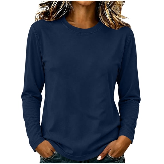 AherBiu Fall Casual Tops for Women Cotton Tshirt Crewneck Long Sleeve Comfy Fitted Basic Layer Tees Undershirt(Small,Navy)