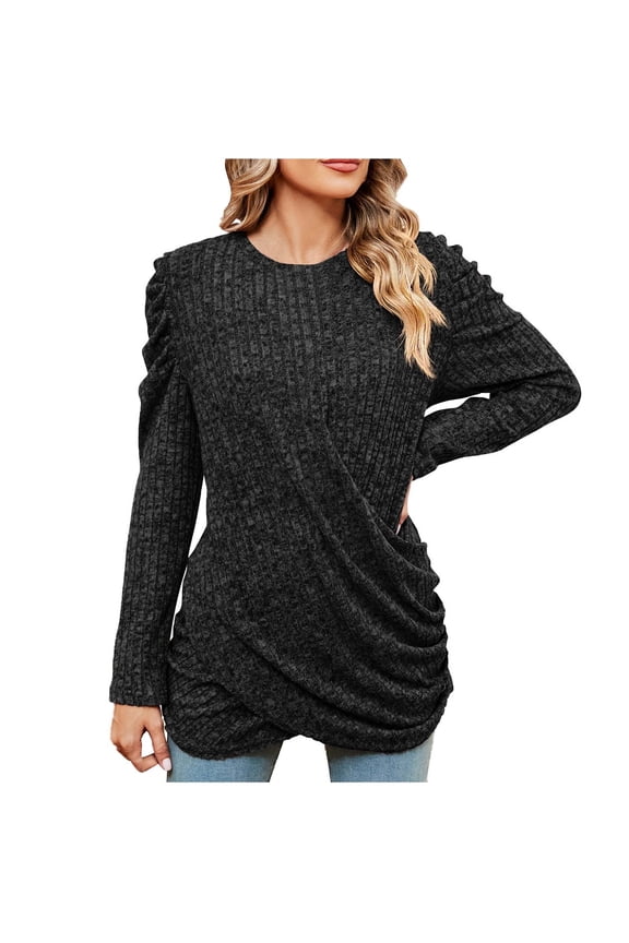 Fall Casual Tops for Women Crossover Hem Ribbed Ruched Long Sleeve Tunic Tops to Wear with Leggings