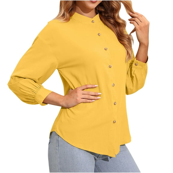 AherBiu Fall Going out Tops for Women Button down V Neck Shirts Long Sleeve Solid Color Basic Blouse Shirt