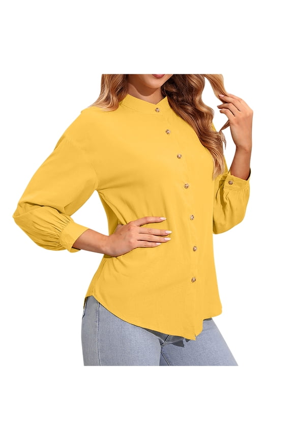 Fall Going out Tops for Women Button down V Neck Shirts Long Sleeve Solid Color Basic Blouse Shirt
