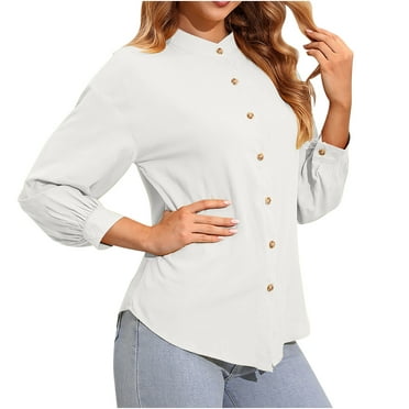 AherBiu Fall Going out Tops for Women Button down V Neck Shirts Long Sleeve Solid Color Basic Blouse Shirt