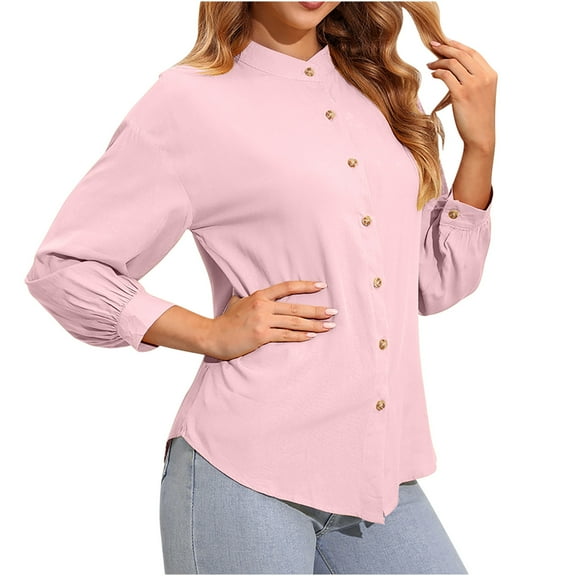 AherBiu Fall Going out Tops for Women Button down V Neck Shirts Long Sleeve Solid Color Basic Blouse Shirt
