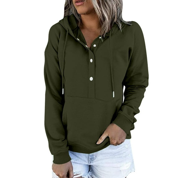 AherBiu Fall Sweatshirt for Women Half Button up Hooded Long Sleeve Pullover Tops with Pocket Solid Color