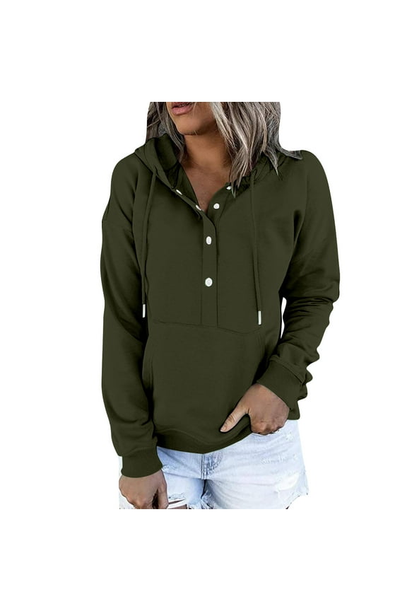Fall Sweatshirt for Women Half Button up Hooded Long Sleeve Pullover Tops with Pocket Solid Color