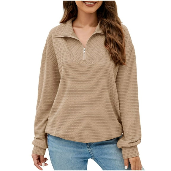 AherBiu Fall Tops for Women Casual Loose Quarter Zipper Lapel V Neck Long Sleeve Pullover Sweatshirts