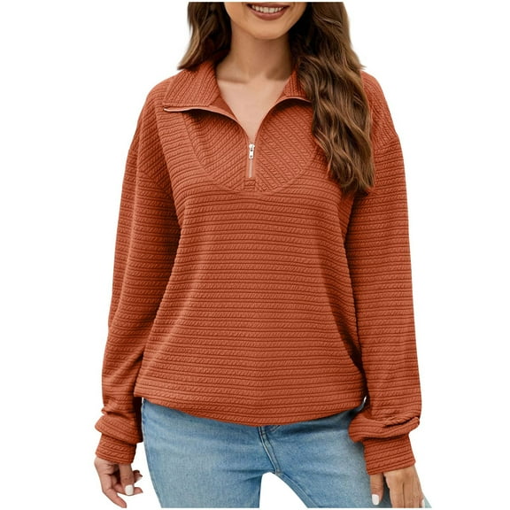AherBiu Fall Tops for Women Casual Loose Quarter Zipper Lapel V Neck Long Sleeve Pullover Sweatshirts