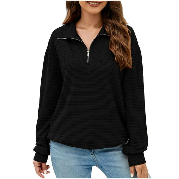 AherBiu Fall Tops for Women Casual Loose Quarter Zipper Lapel V Neck Long Sleeve Pullover Sweatshirts