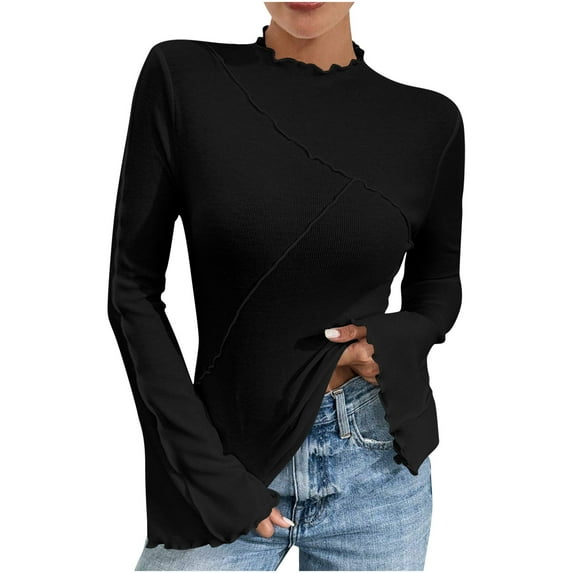 AherBiu Fall Tops for Women Flare Long Sleeve Stretch Ribbed Slim Fitted Cute Shirt Blouse Solid Color