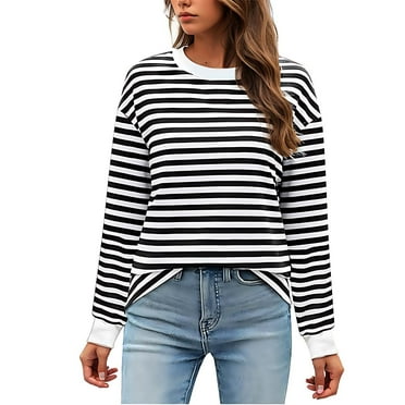 AherBiu Fall Tops for Women Long Sleeve Striped Crewneck Casual Loose Pullover Top T Shirts Blouse