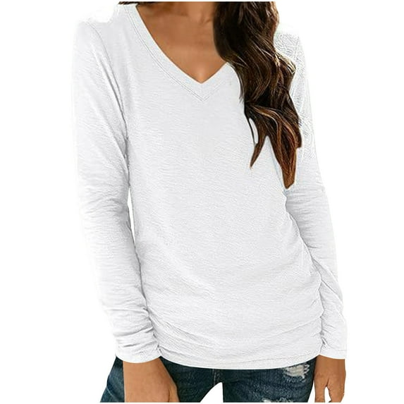 AherBiu Fall Tops for Women Long Sleeve V Neck Basic Comfy Top Tees T Shirts Solid Color Undershirt