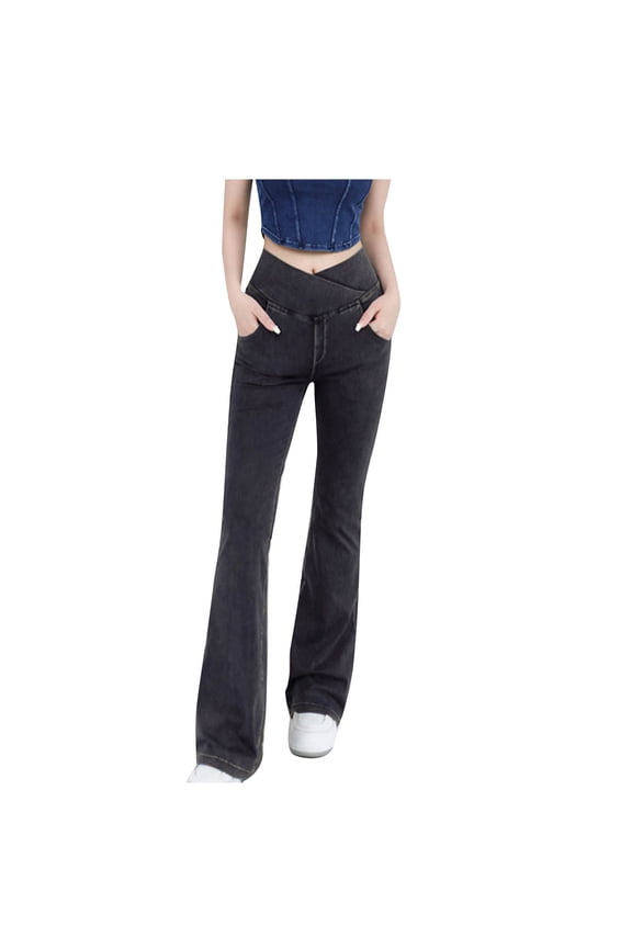 Flare Jeans for Women Crossover High Waisted Bell Bottom Denim Pants Stretchy Yoga Jean Trousers