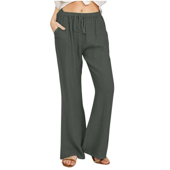AherBiu Flare Pants for Women Cotton Linen Lightweight High Waisted Bell Bottom Trousers with Pockets