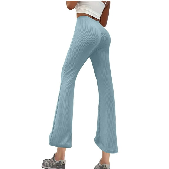 AherBiu Flare Yoga Pants for Women Ribble Knitted Stretchy Comfy Bell Bottom Leggings High Waisted Trousers