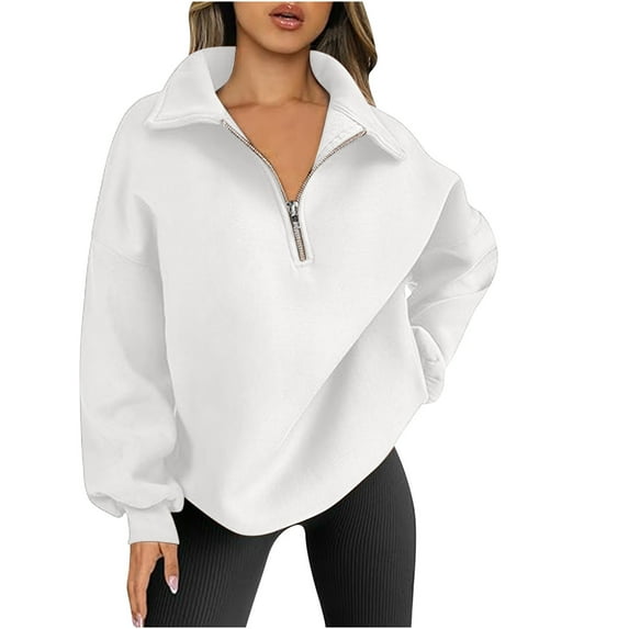AherBiu Fleece Lined Sweatshirt for Women Turn down Collared V Neck Half Zip up Oversized Pullover Tops
