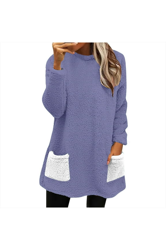 Fleece Sweatshirt for Women Crewneck Pajama Pullover Tops Fuzzy Warm Homewear Shirts with Pocket