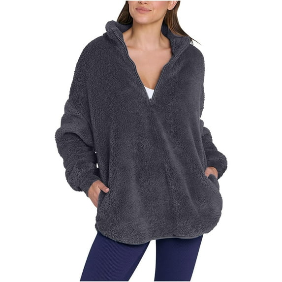 AherBiu Fleece Sweatshirt for Women Oversized Quarter Zip up Stand Collar Plush Long Sleeve Tops Pullover with Pockets