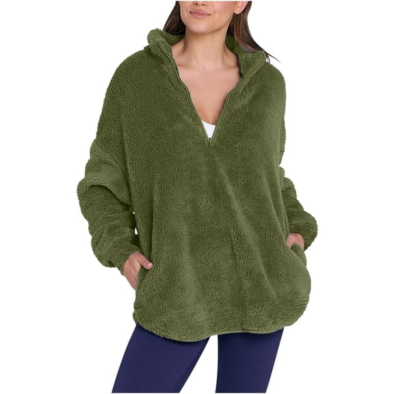 AherBiu Fleece Sweatshirt for Women Oversized Quarter Zip up Stand Collar Plush Winter Tops Pullover with Pockets