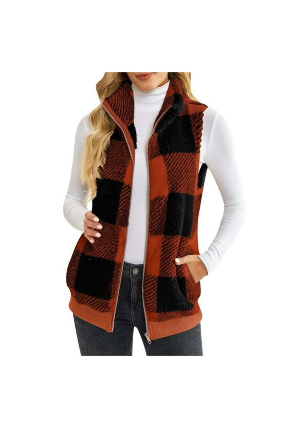 Fleece Vests for Women Zip up Stand Collar Fuzzy Warm Sleeveless Jackets Waistcoat with Pockets
