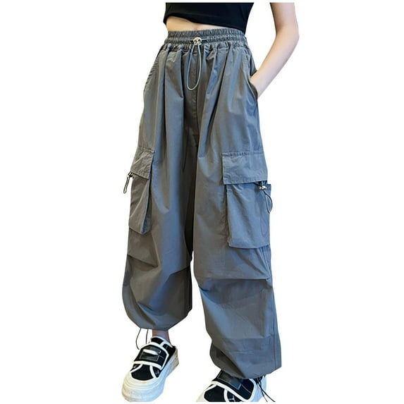 AherBiu Girls Cargo Pants Elastic High Waisted Wide Leg Baggy Loose Streetwear Fall Casual Kids Trousers with Pockets