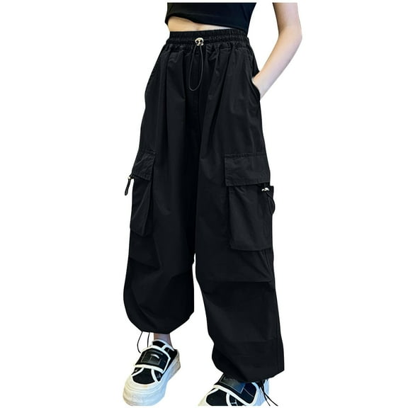 AherBiu Girls Cargo Pants Elastic High Waisted Wide Leg Baggy Loose Streetwear Fall Casual Kids Trousers with Pockets