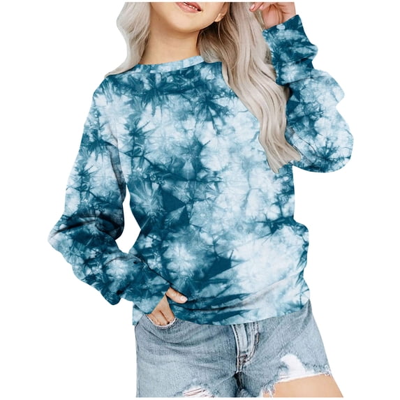 AherBiu Girls Clothes Crewneck Sweatshirts Long Sleeve Tie-Dye Printed Oversized Spring Casual Going out Tops
