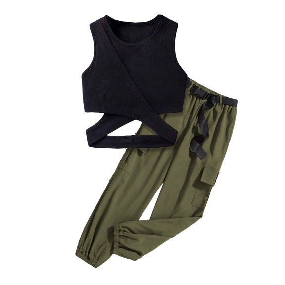 AherBiu Girls Clothes Outfits Sleeveless Ribbed Knitted Tank Tops Cargo Pants with Belted Casual Kids 2pc Sets