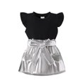 thumbnail image 1 of AherBiu Girls Clothes Sets Ribbed Ruffle Cap Sleeve Tops Mini Skirts with Belted Trendy Casual Toddler Outfits, 1 of 6