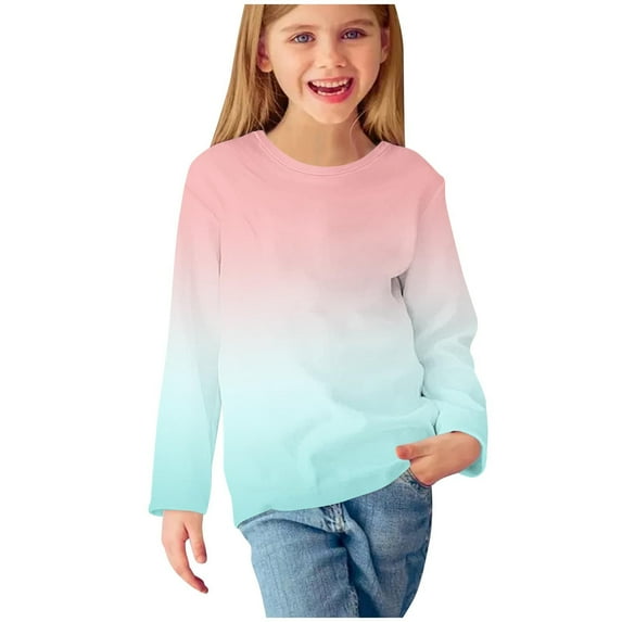 AherBiu Girls Tops Fall Crewneck Long Sleeve Kids Tshirts Gradient Color Casual Loose Fitted Toddler Tunic