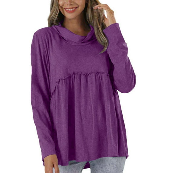AherBiu Going out Tops Fall Clothes for Women 2024 Turtleneck Loose Ruched Long Sleeve Tops Blouse
