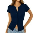 thumbnail image 1 of AherBiu Going out Tops for Women Button down Shirts Open Front Ribble Knitted Slim Fitted Short Sleeve Tops Cute Blouse Dark Blue,Medium, 1 of 8