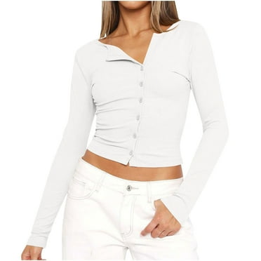 AherBiu Going out Tops for Women Cropped Button down Shirts Crewneck Slim Fitted Stretchy Cute Blouse